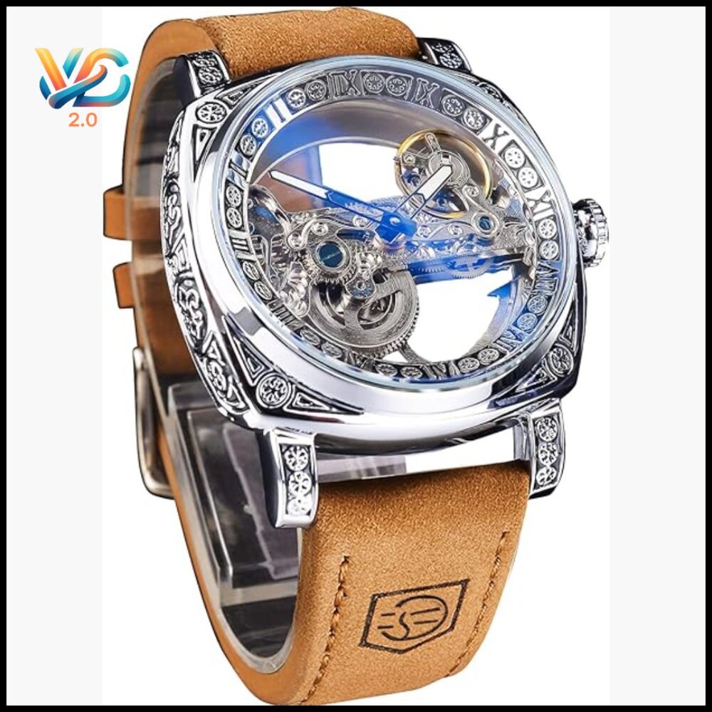 Luxury Square Carving Mechanical Watch, Retro Skeleton Self-Wind Automatic,